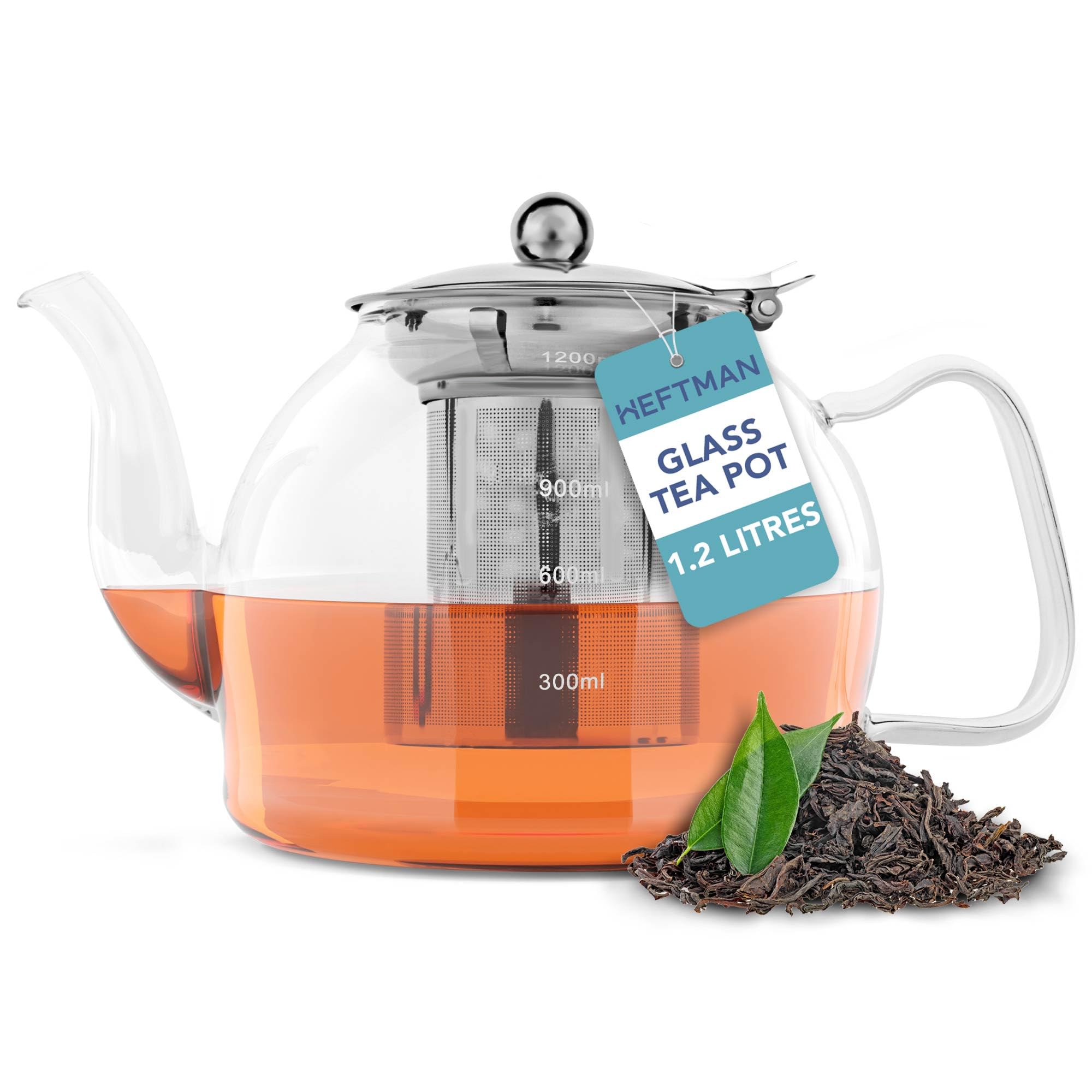 HEFTMAN Glass Teapot 1200ml - Clear Glass Teapot with Infuser for Loose Tea