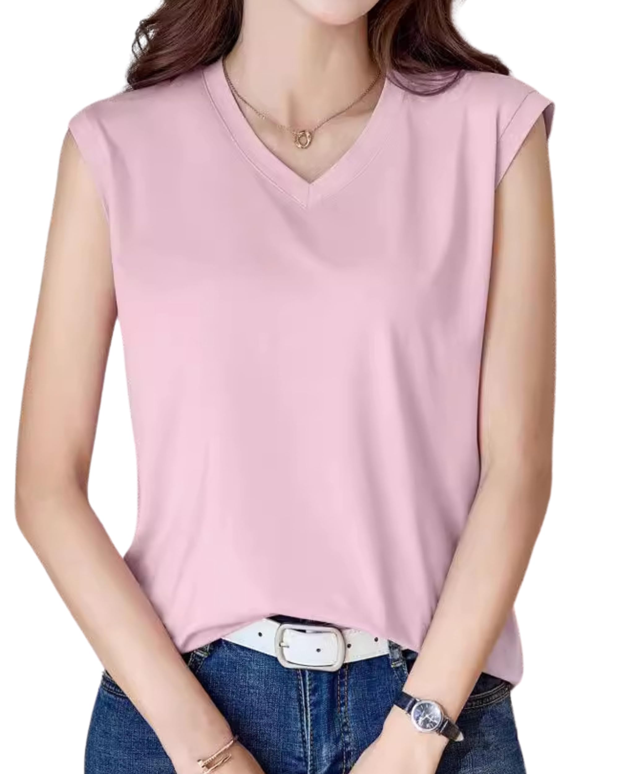 Fiorior 【Light and Comfortable Touch】 Sleeveless Women's T-Shirt V-Neck Solid Ta