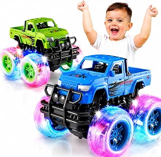 Winstico 2 Pack Monster Truck Light Up Toy Cars - Toys for 2 3 Year Old Boys Gifts - Pull Back Truck Cars for Toddler Boys Toys Age 2 3 4 5 - Birthday Gifts for 2-4 Year Old Boy