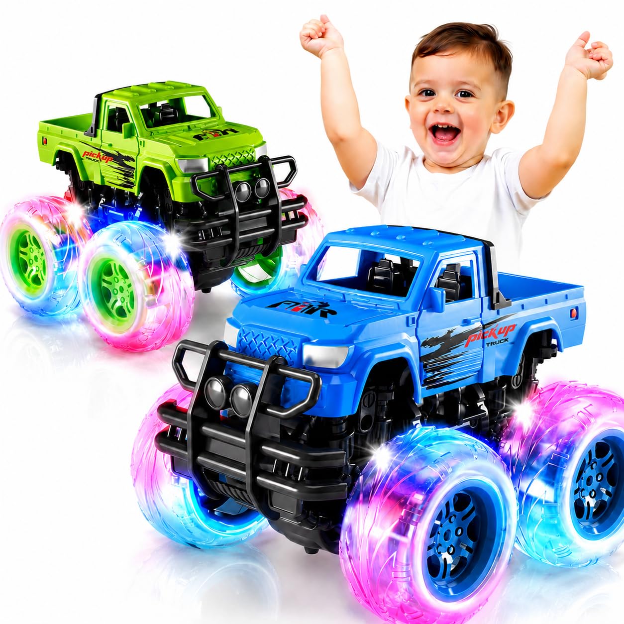 Winstico 2 Pack Monster Truck Light Up Toy Cars - Toys for 2 3 Year Old Boys Gif