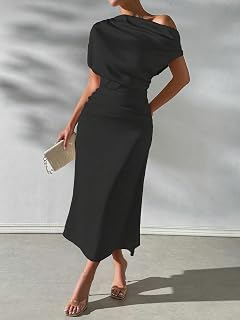 Robe midi à manches chauve-souris asymétriques pour femme - Taille ajustée - Toucher satiné - Robe de cocktail élégante