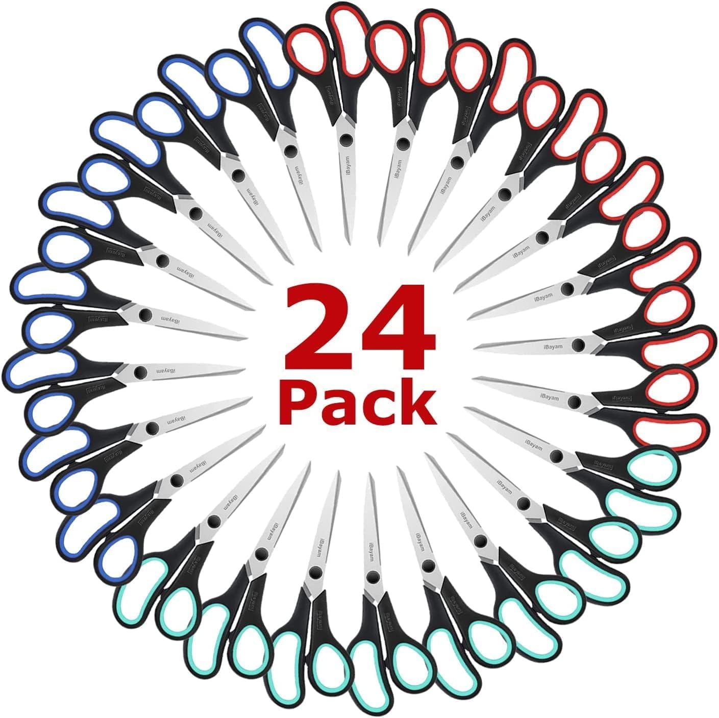 iBayam 8.5" All Purpose Sharp Black Scissors, Comfort-Grip Handles, 24-Pack