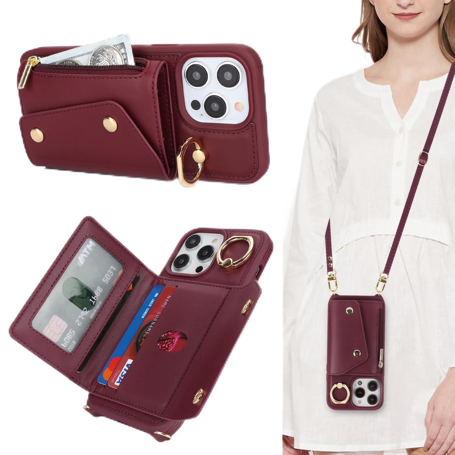 Lipvina Crossbody Wallet Case for iPhone 15 Pro Max,Wine Red