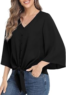 Women Chiffon Tops V Neck 3/4 Button Bell Sleeve Tie Knot Casual Loose Summer Blouses