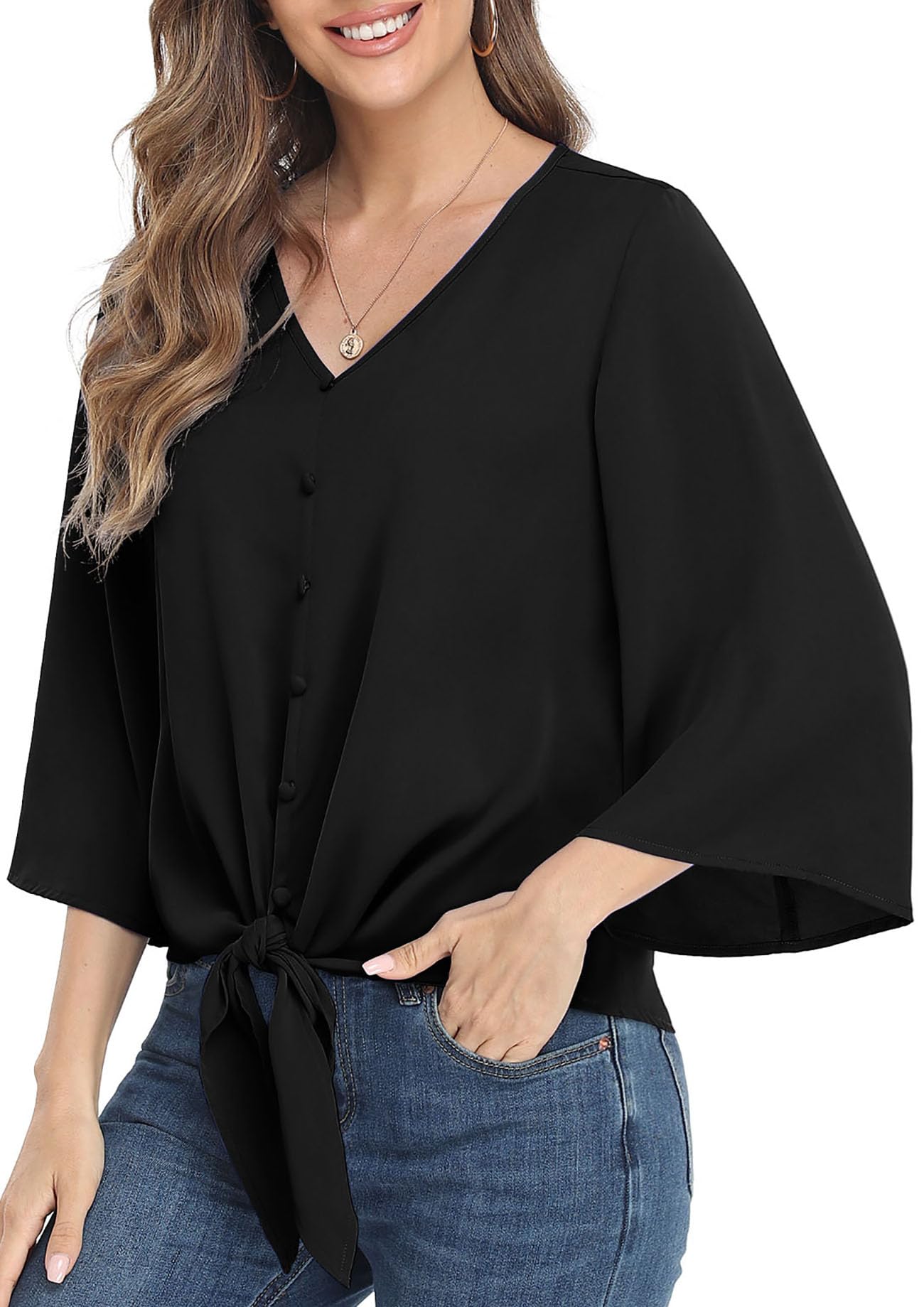Women Chiffon Tops V Neck 3/4 Button Bell Sleeve Tie Knot Casual Loose Summer Bl