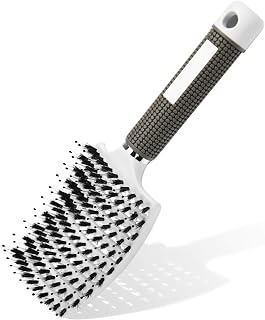 URAQT Hair Brush, Professional Detangling Brush with Handle, Boar Bristles Hair Styling Brush for Long, Fine, Thick, Curly Hair, No Pulling, White