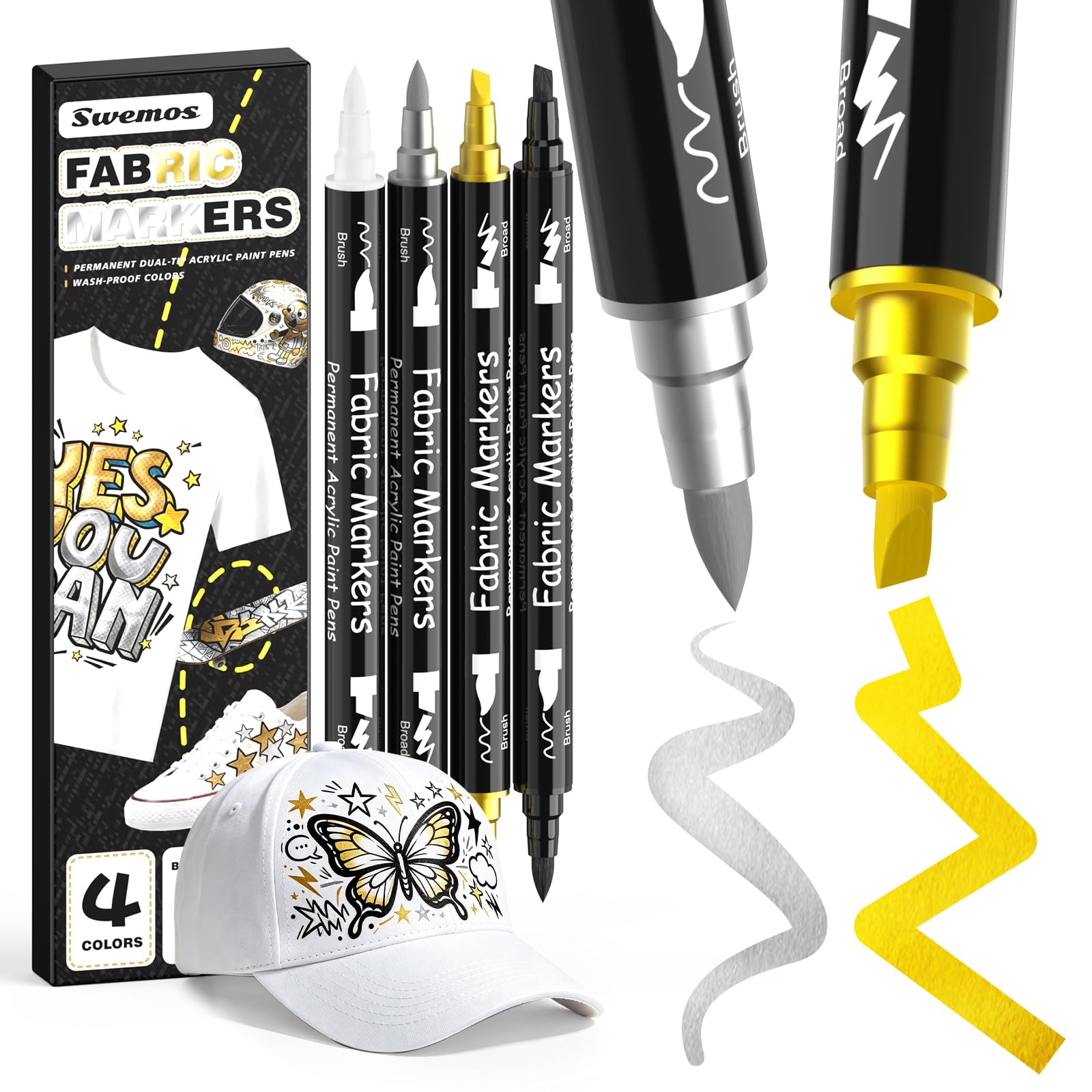 4 Fabric Markers, Fabric Paint Permanent for Clothes, Acrylic Paint Pens | for H