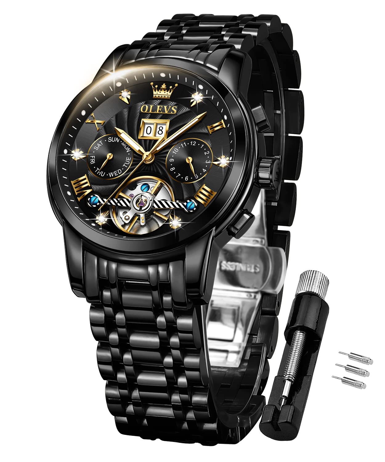 OLEVS Mens Automatic Watches Luxury Dress Tourbillon Mechanical Stainless Steel 