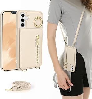 KYFSJPT Crossbody Wallet Case for Samsung Galaxy S24, with Card Slots Zipper Pocket Case, Flip Folio Purse RFID Blocking with Ring Kickstand Detachable Strap-Beige