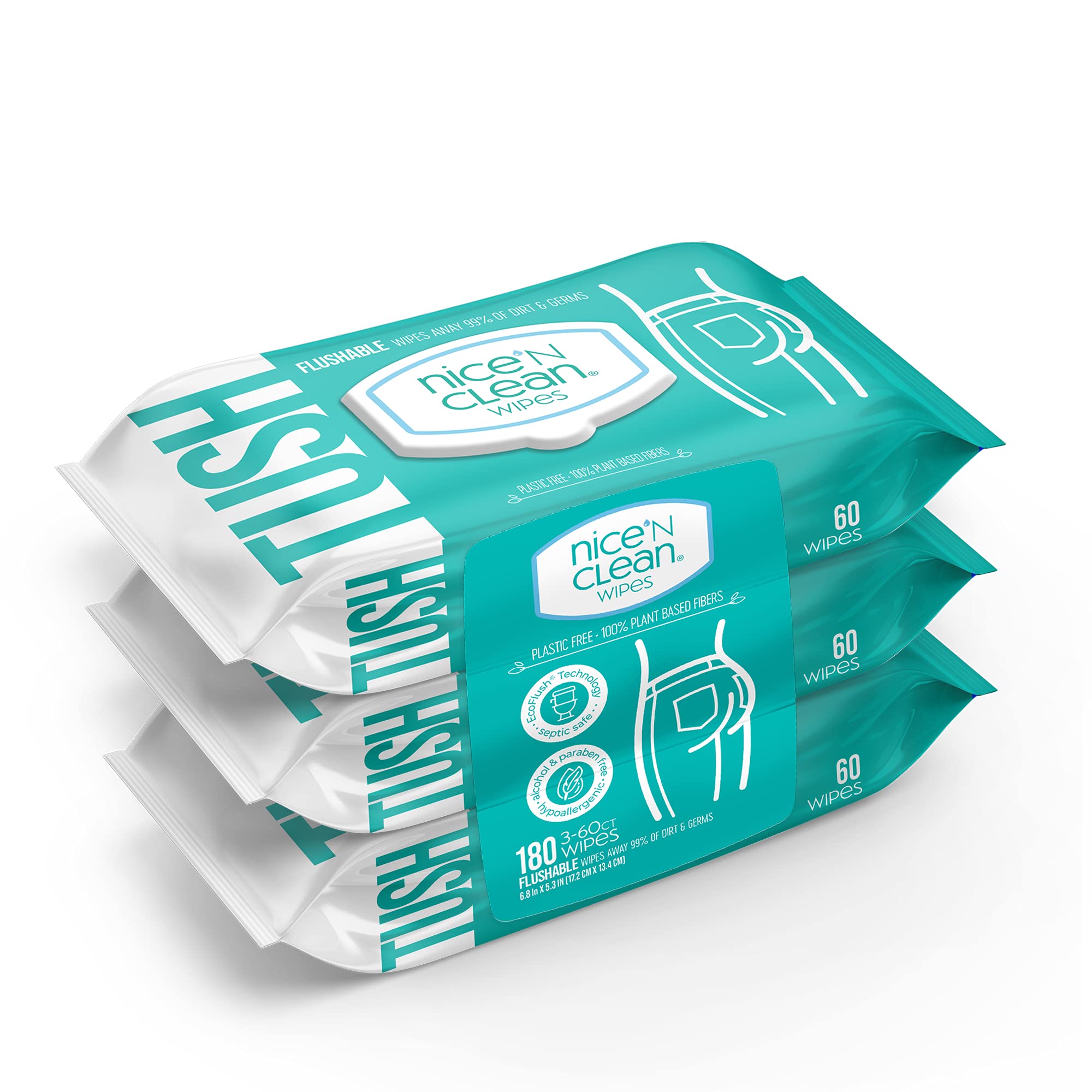 Nice 'N Clean Adult Flushable Wipes (3 x 60 Count) | Personal Cleansing Wipes Ma