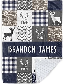 Personalized Baby Blanket for Boys, Custom Baby Blanket with Name, Soft Flannel with Double Layer Dotted Backing, Receiving Swaddle Blanket Suitable for Infants and Toddler, Blue Deer(30”x40)