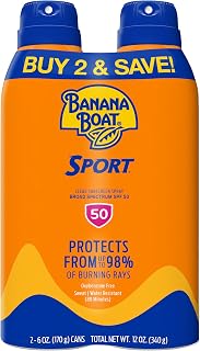 Banana Boat Sport SPF 50 Sunscreen Spray, 6 oz (2 Pack) | Sweat and water resistant sunblock spray, UVA/UVB broad spectrum protection, Lightweight formula, Outdoor use