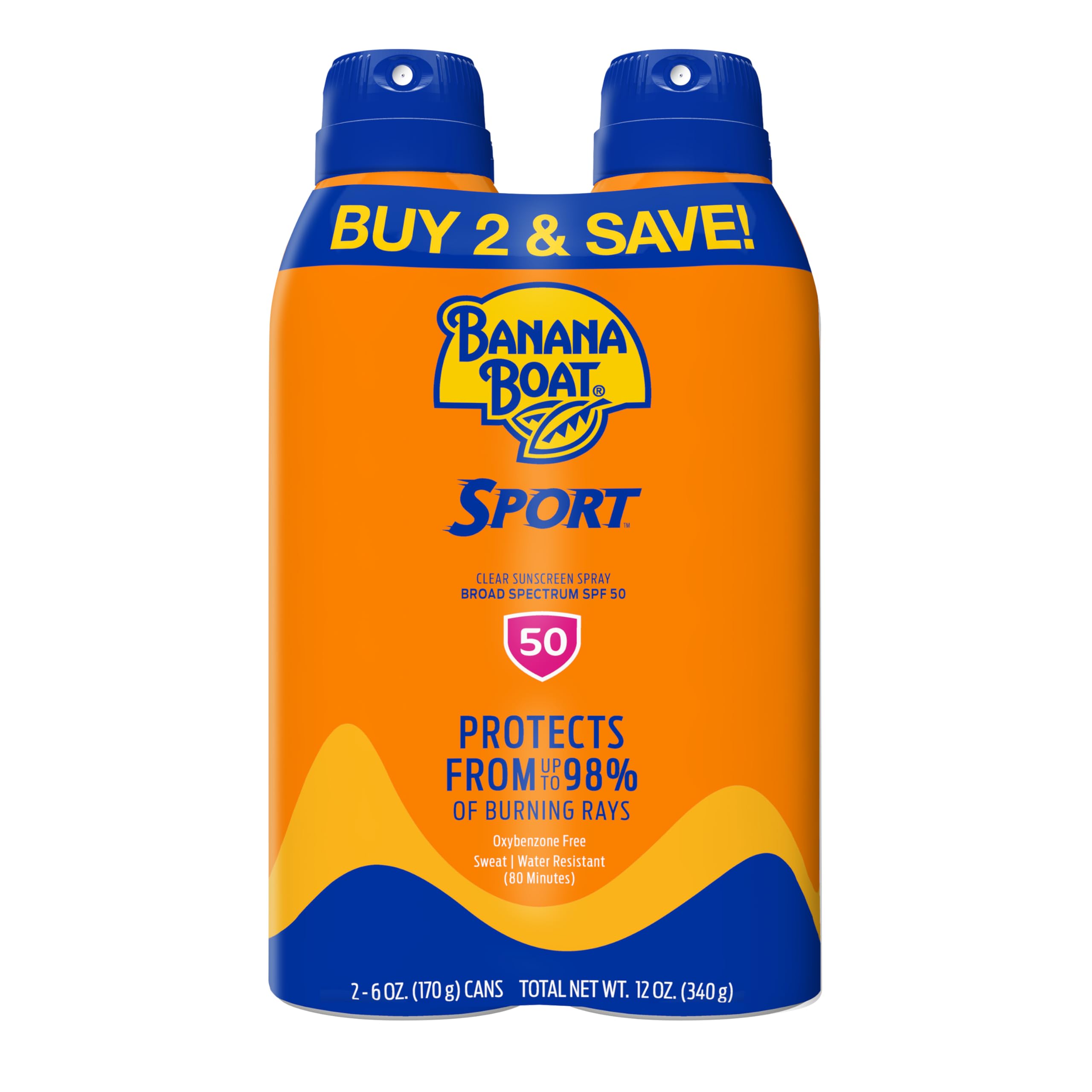 Banana Boat Sport SPF 50 Sunscreen Spray, 6 oz (2 Pack) | Sweat and water resist