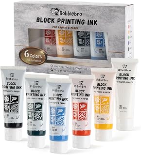 Bobblebro Block Printing Ink Set, 6 Colors, 2.6 oz Each, for Fabric &amp; Paper | Vibrant Opaque Colors, No Heat Setting Required, Mixable Custom Shades for Fabric, Paper, Linocut, Stamp, and Block Printing