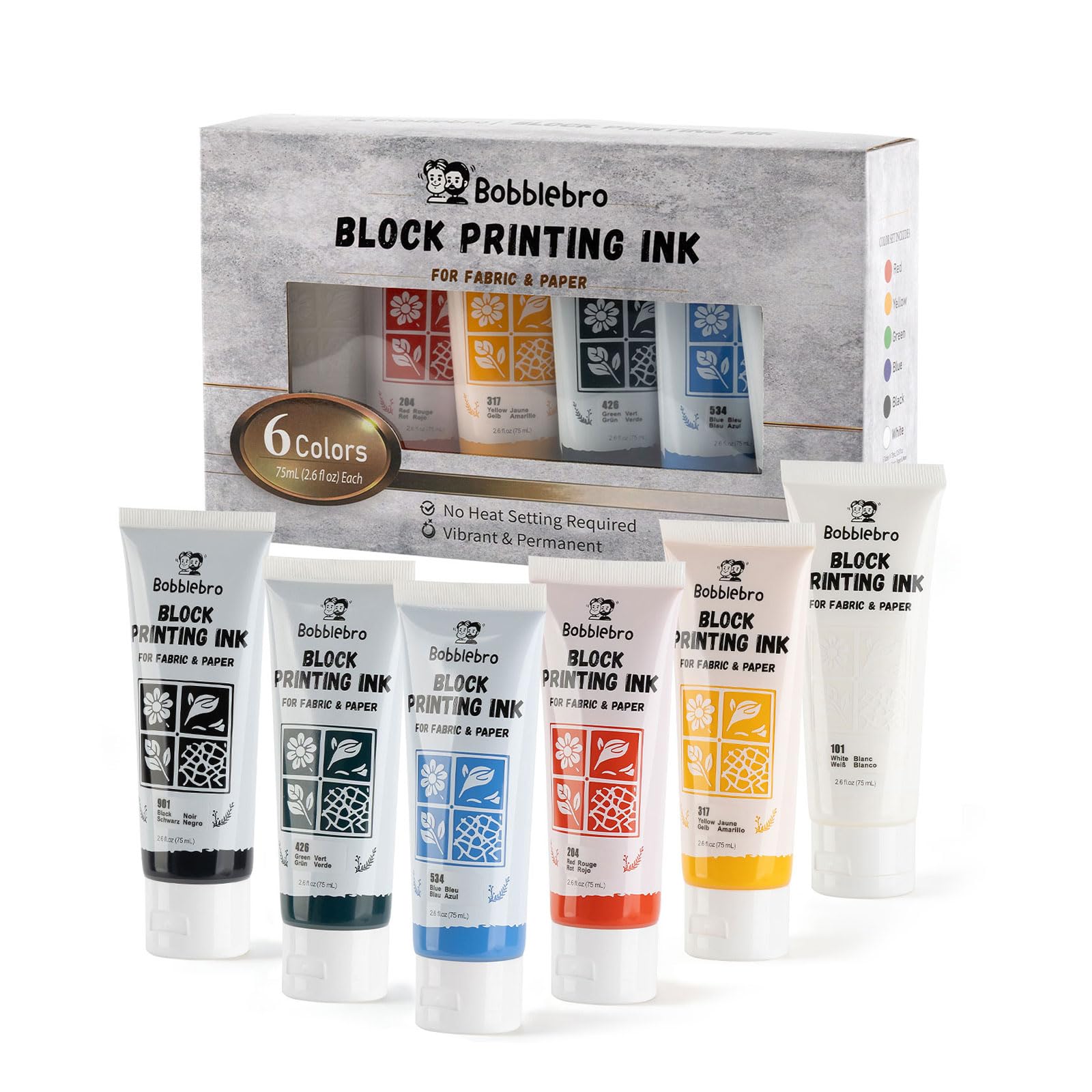 Bobblebro Block Printing Ink Set, 6 Colors, 2.6 oz Each, for Fabric &amp; Paper 