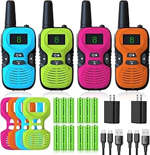Walkie Talkies for Kids Rechargeable 4 Pack - Outdoor Hiking Camping Toys | Long Range Radio with Charger Battery Flashlight Backlit LCD - Christmas Birthday Family Gifts for 3-12 Year Old Girls Boys