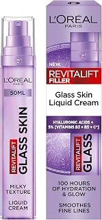 L'Oreal Paris Glass Skin Moisturiser, Revitalift Filler Liquid Cream 50ml | Korean Skincare Inspired, With Hyaluronic Acid, Hybrid Serum + Moisturiser, Instant Glass Skin Glow, up to 100H Hydration*