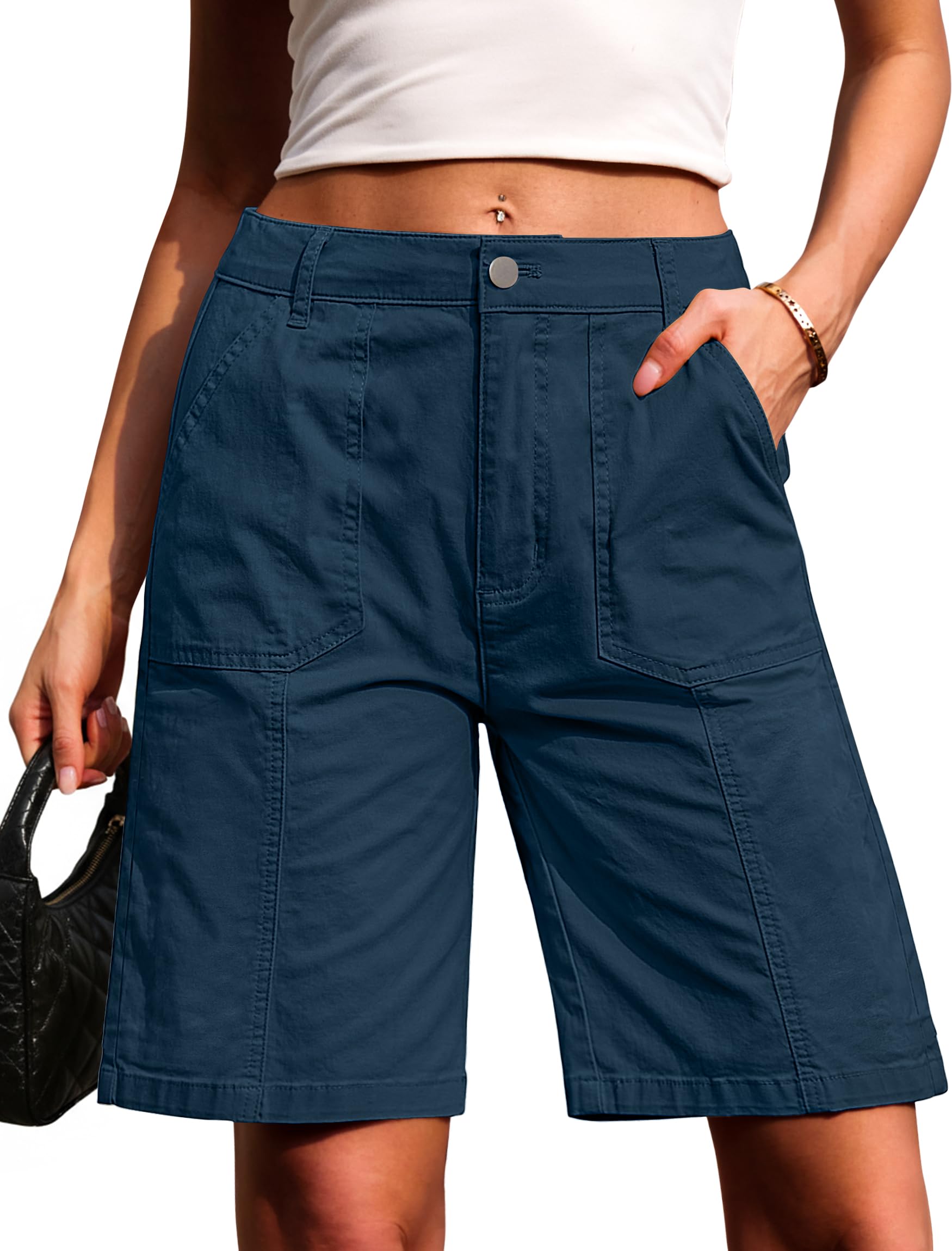 Eddoyee Bermuda Shorts for Women Long Knee Length Jean Shorts Denim Stretchy Cot