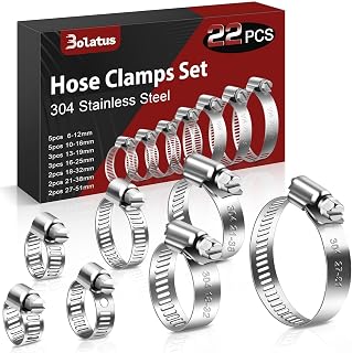 Bolatus Hose Clips 6-51 mm, 22 Pcs Hose Clamp Stainless Steel 304 | Adjustable Screw Clamps, 7 Sizes Pipe Clamps Assortment for Pool, House Gas Pipe, Garden Hose