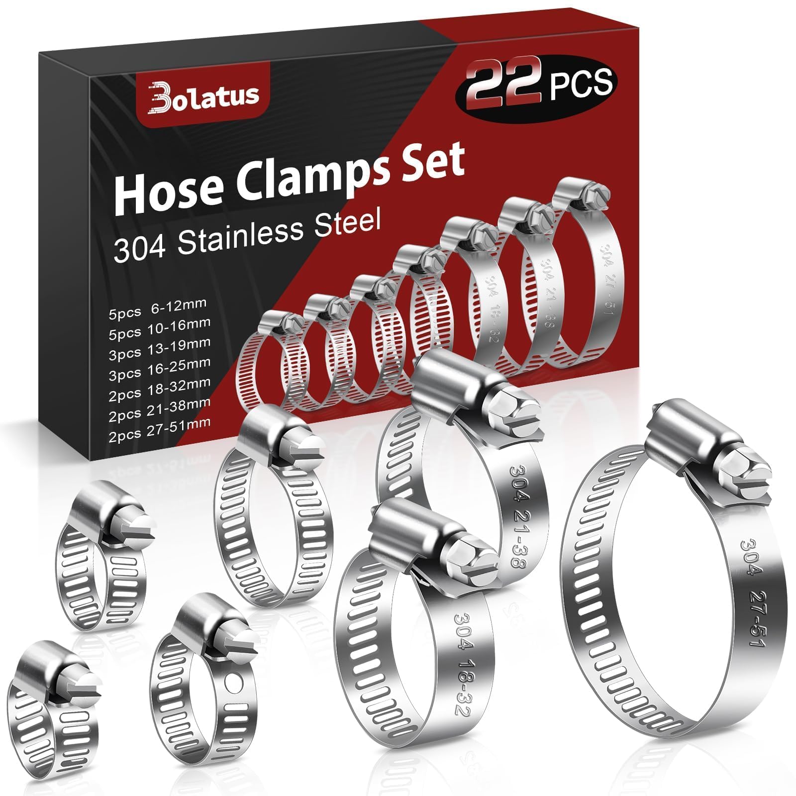Bolatus Hose Clips 6-51 mm, 22 Pcs Hose Clamp Stainless Steel 304 | Adjustable S
