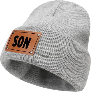 Lanleay Custom Toddler Baby Beanies, Mama Mini Matching Hats, Leather Patch Knit Hats Winter Beanies for Infant, Kids Adults