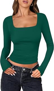 ANRABESS Women Double Lined Long Sleeve Crop Tops Shirts Square Neck Tight Fitted Going Out T-Shirt Basic Tee Outfits 2026