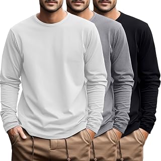 Ficerd 3 Pack Men's Plus Size T Shirts, Cotton Long Sleeve T-Shirts, Round Neck and Oversized Tops