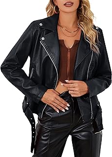 Bellivera Women's Faux Leather Short Jacket Belted Moto Casual Coat with Two Zipper Pockets