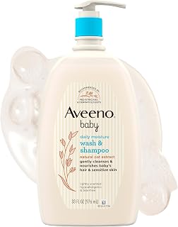 Aveeno Baby Daily Moisture Body Wash & Shampoo with Oat Extract, 33 fl. oz | 2-in-1 Gentle Bath Wash & Hair Shampoo with Oat Extract, Tear-Free, Hypoallergenic, No Added Parabens, Lightly Scented