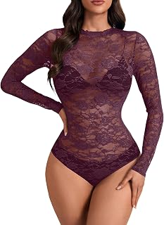 Rooscier 女性用花柄レースシアーセクシーボディスーツ