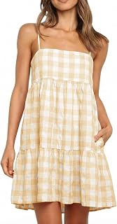 Womens Summer Plaid A-line Sleeveless Casual Flowy Mini Sundress