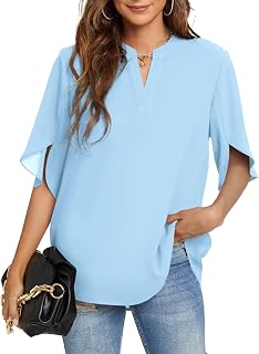 Funlingo Women's Summer Tops Short Sleeve Casual Shirts V Neck Chiffon Dressy Blouse Tops