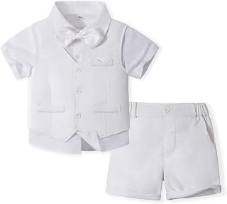 Volunboy Outfits for Baby Boys Wedding Ceremony, Summer Set of Vest, Shirt, Bow Tie, Shorts 4 Pieces