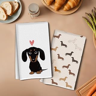 2 Cute Dachshund Kitchen Towels 14"x24", Absorbent Microfiber Decorative Cloth Tea Towel, Waffle Hand Towel, Kitchen, Home Bathroom, Dog Lovers Gifts 2