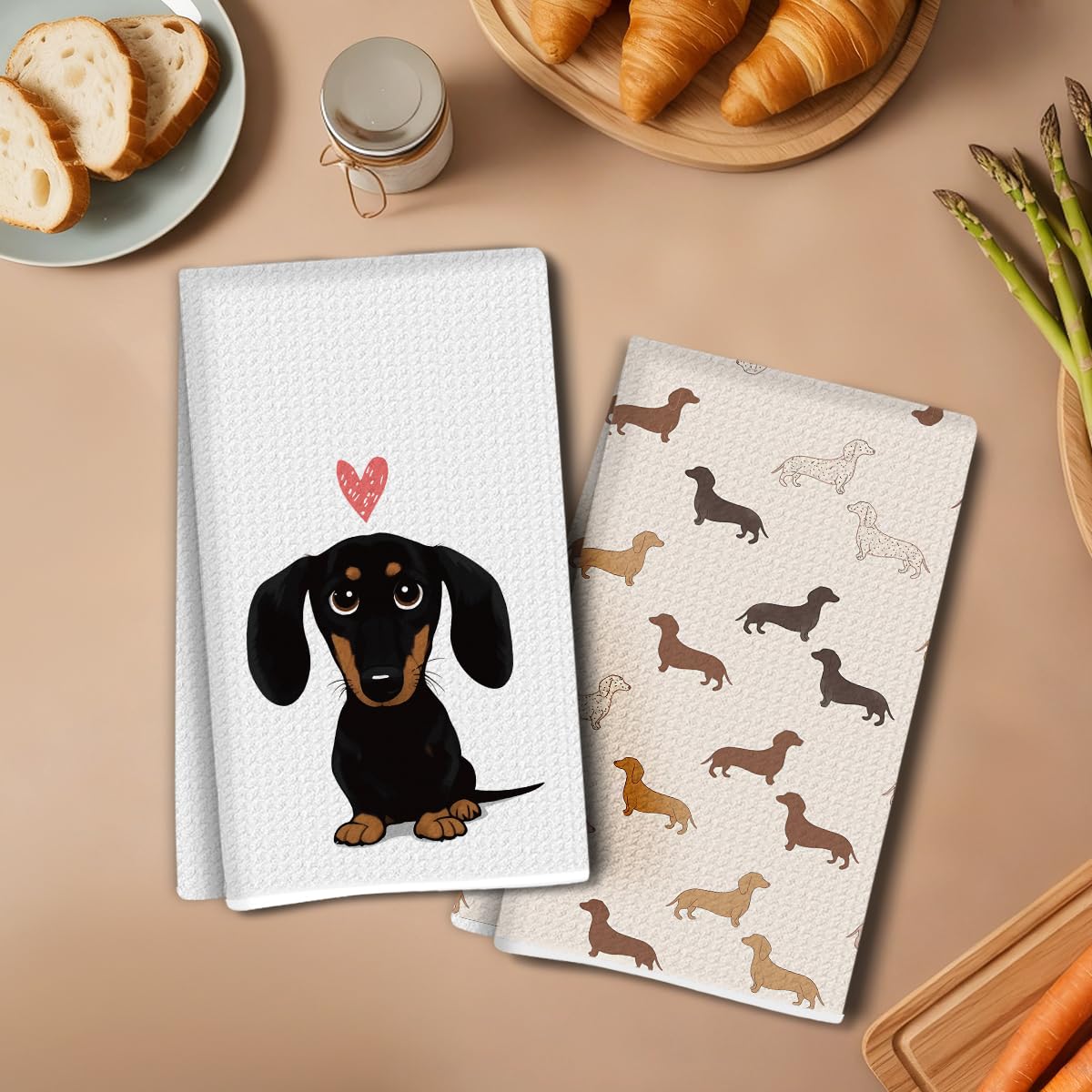 2 Cute Dachshund Kitchen Towels 14"x24", Absorbent Microfiber Decorative Cloth T