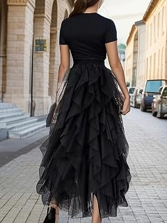 Women's High Waist Ruffle Flounce Maxi Skirt Fluid Tulle Elegant Line Party Evening