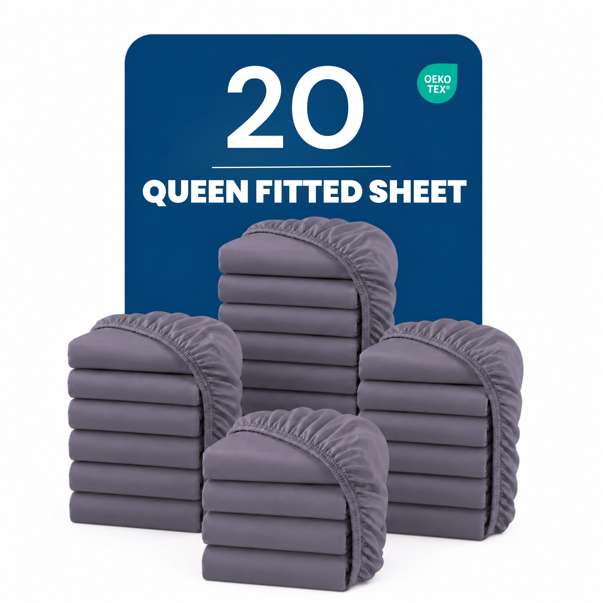 Bulk 20-Pack Hotel Fitted Sheets Queen Size, 16-Inch-Deep Pocket, Grey