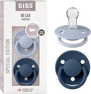 BIBS De Lux Soother 2-Pack, BPA Free Dummy Pacifier, Round Nipple. Silicone, Made in Denmark. 0-36 Months (Pack of 2), Dusty Blue/Steel Blue