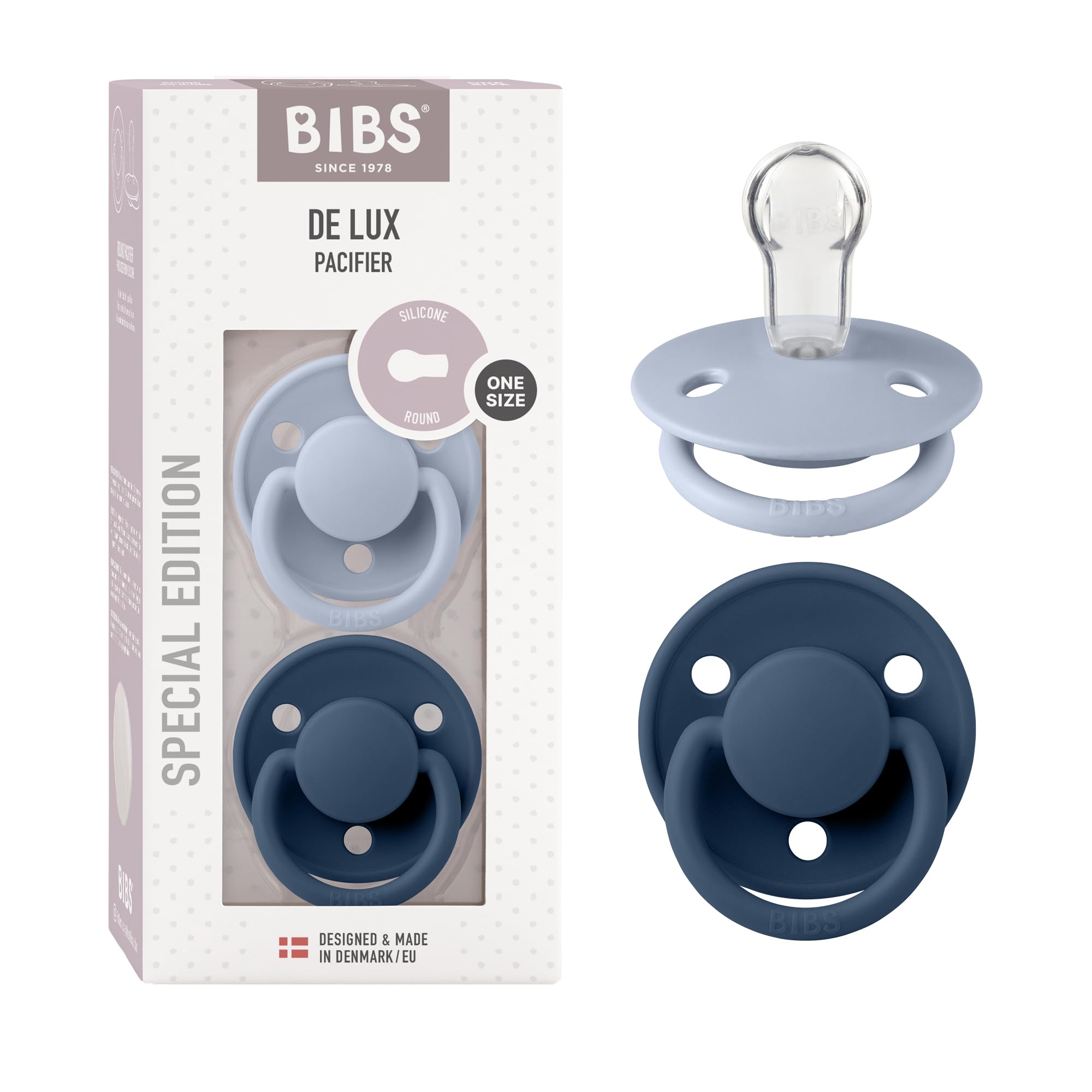 BIBS De Lux Soother 2-Pack, BPA Free Dummy Pacifier, Round Nipple. Silicone, Mad