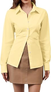 MISSACTIVER Women's Lapel Collar Button Down Shirt Cinch Waist Long Sleeve Casual Work Dressy Tunics Blouse Corset Tops