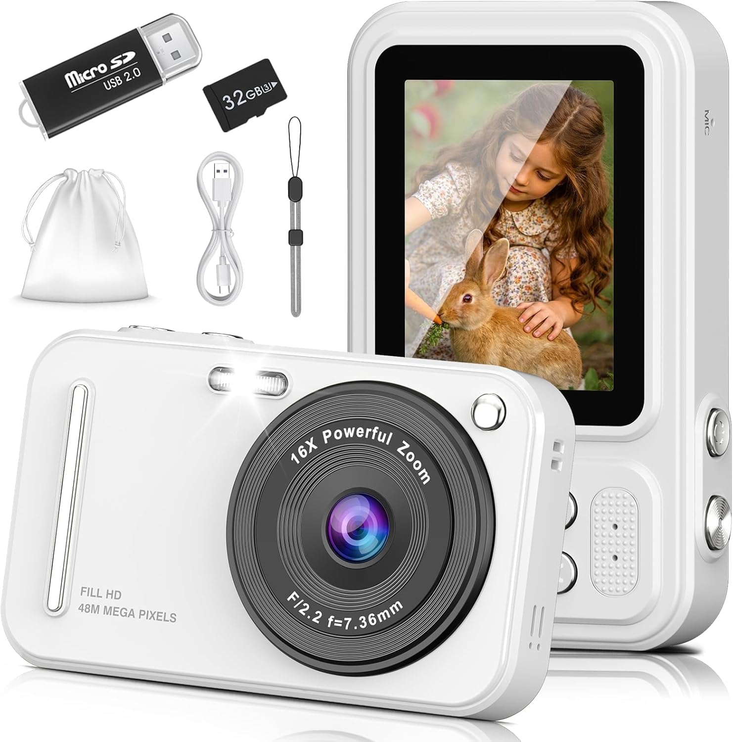 Digital Camera for Kids, 48MP FHD 1080P Point and Shoot Digital Cameras with 16X