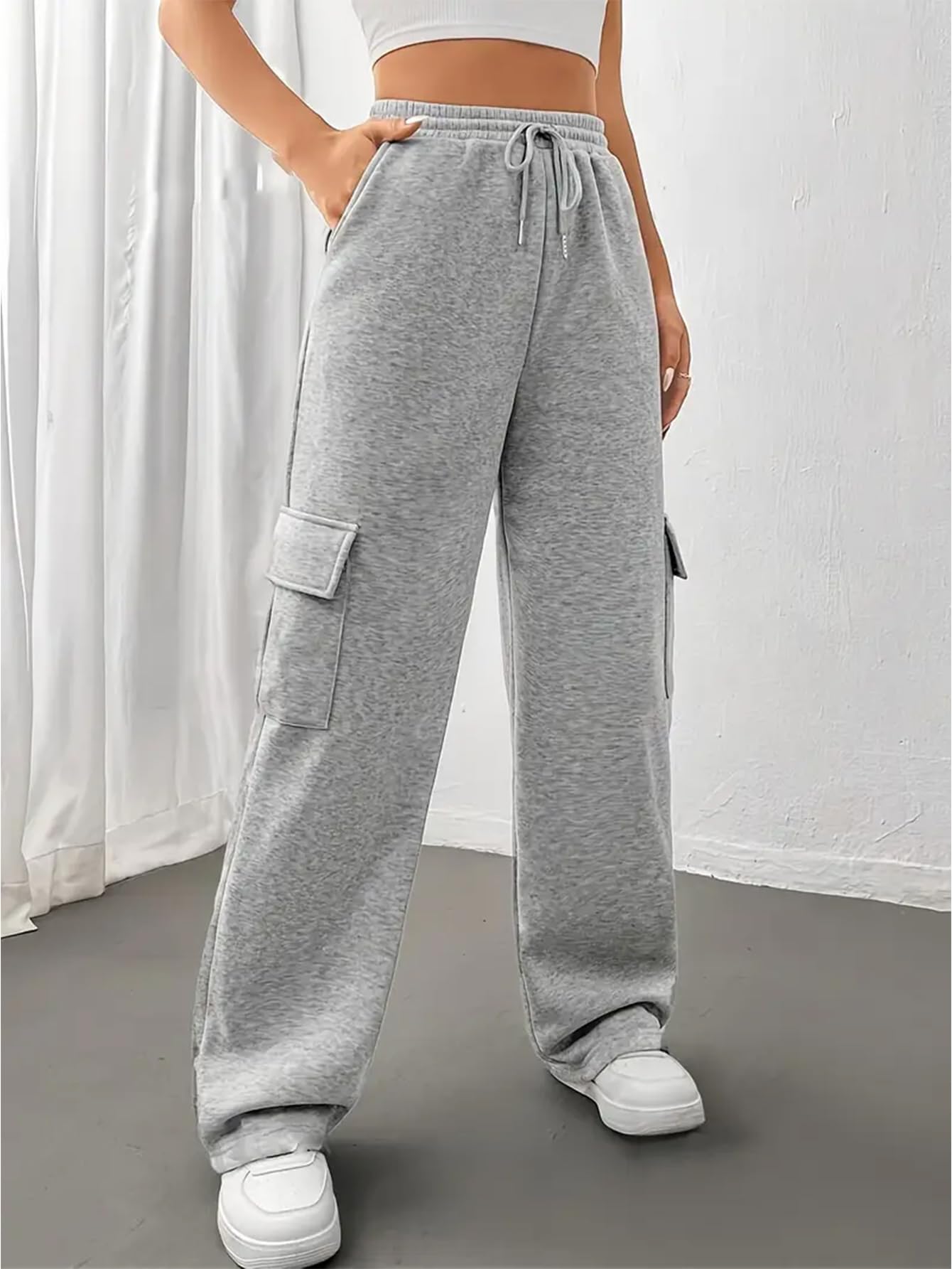 Women Wide Leg Sweatpants Drawstring Waist Baggy Cargo Pants Casual Pants with P