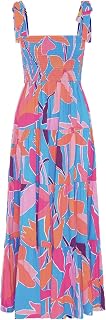 kinstell - Women's Summer Boho Spaghetti Strap Square Neck Ruffle Casual Beach Party Maxi Long Dress