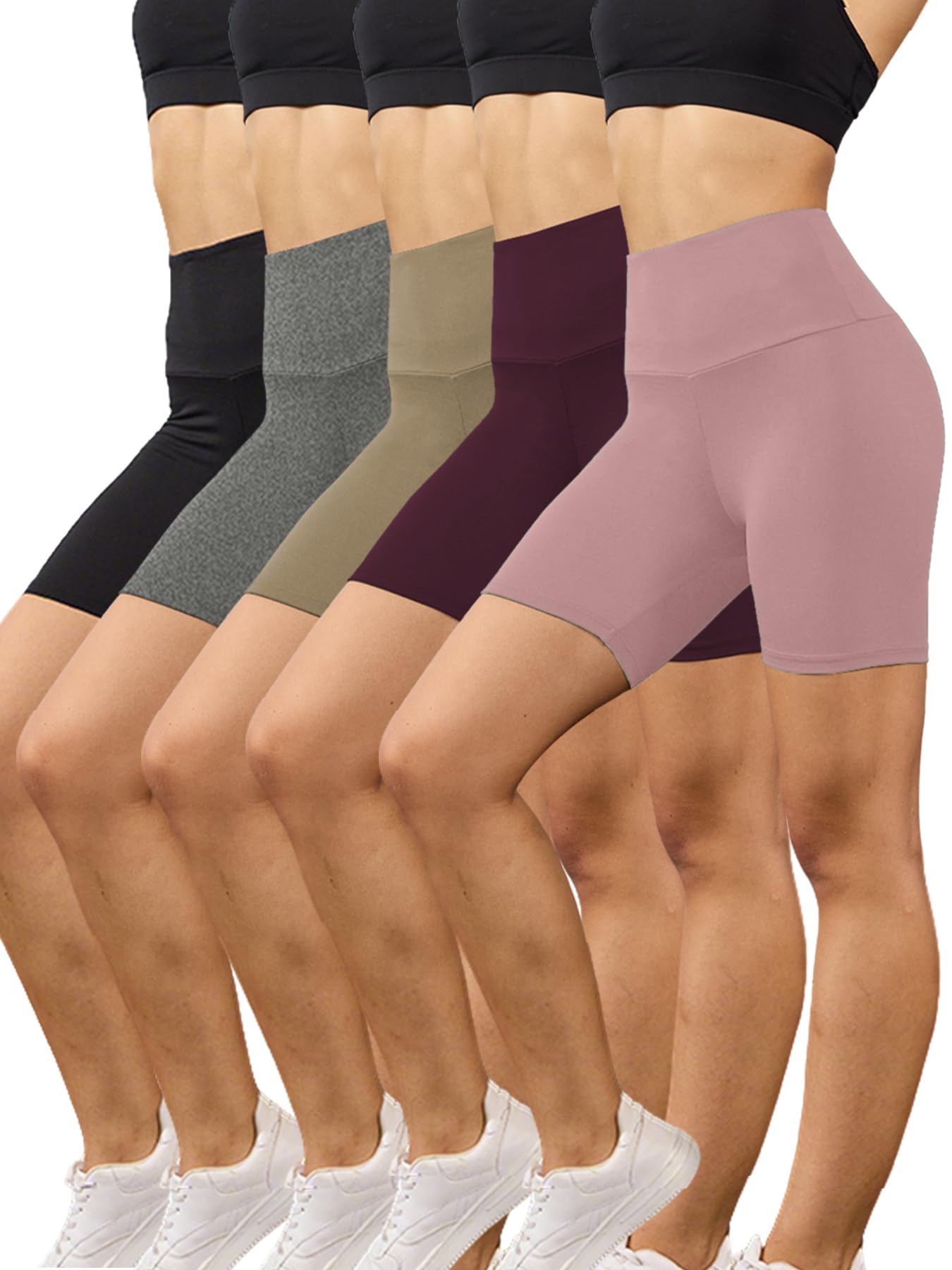 5 Pack Women High Waist Biker Shorts Super Soft Tummy Control No See Through Wor