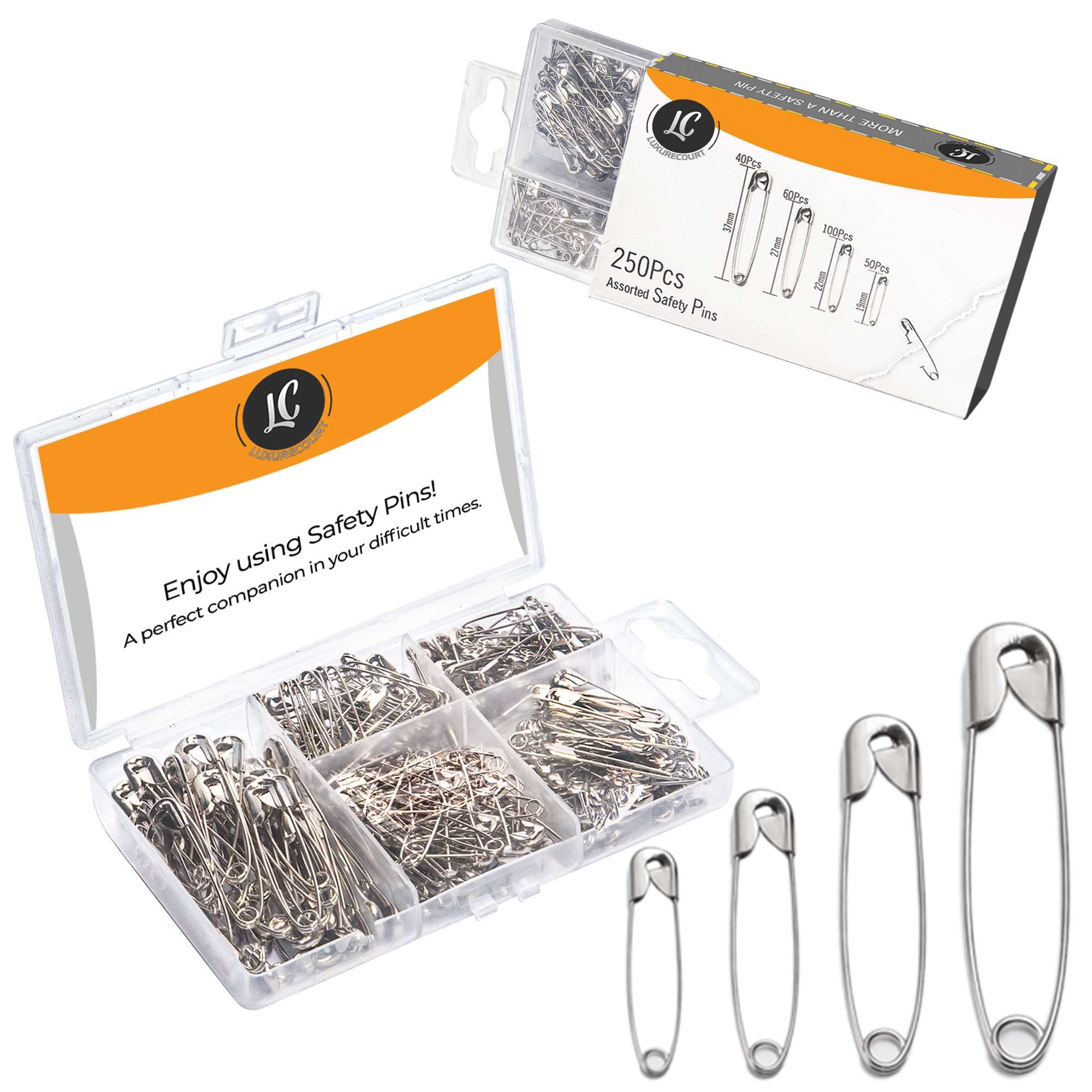 250 Pack Safety Pins by Luxurecourt, 4 Assorted Sizes of Durable, Silver Small a