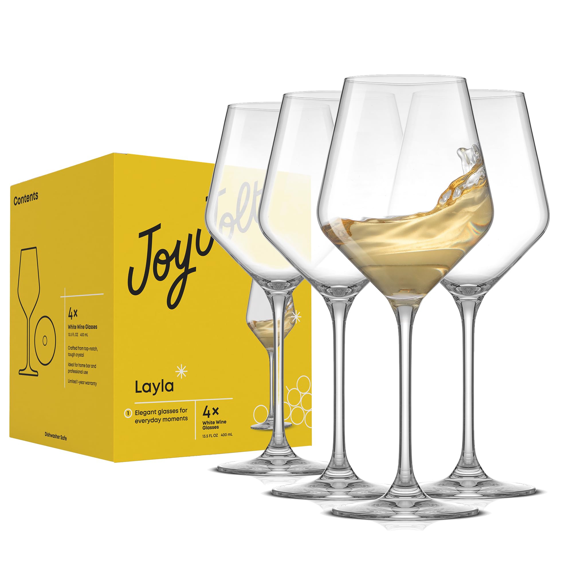 JoyJolt Layla White Wine Glasses, Set of 4 Italian Glasses, 13.5 oz Clear – Made