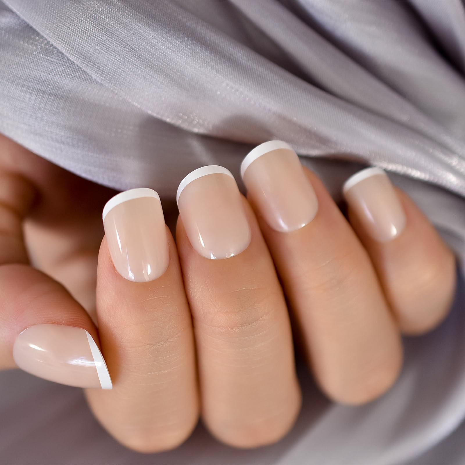 Short Square Oval Press-On Nail Natural Nude French Fake Nails Full Cover Glossy