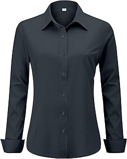 hearain Soft Wrinkle-Free Women's Button Down Dress Shirts Solid Long Sleeve Work Blouses Fit Stretch Casual Tops