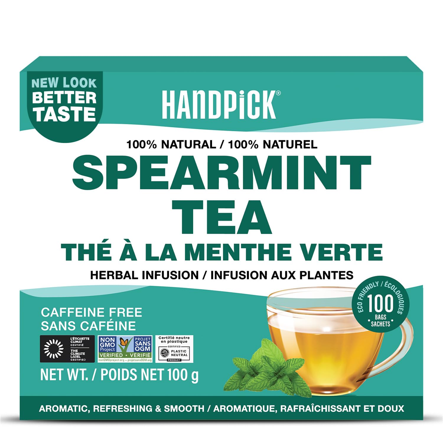 HANDPICK Spearmint Tea (100 Tea Bags) Fresh Natural Mint Leaves, Non GMO | Refre