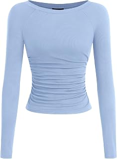 PRETTYGARDEN Camicie a maniche lunghe da donna 2025 autunno increspato lati scollo a barca t-shirt basic casual aderente a costine crop top in maglia
